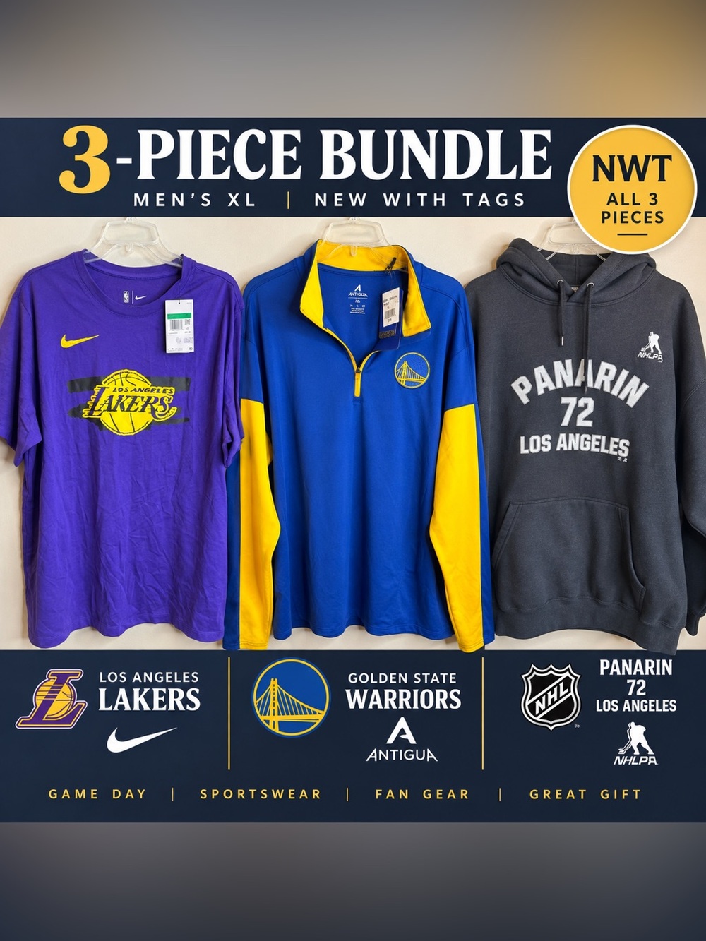 NWT Men’s XL NBA Bundle Lakers Nike Tee Warriors 1/4 Zip Panarin Hoodie